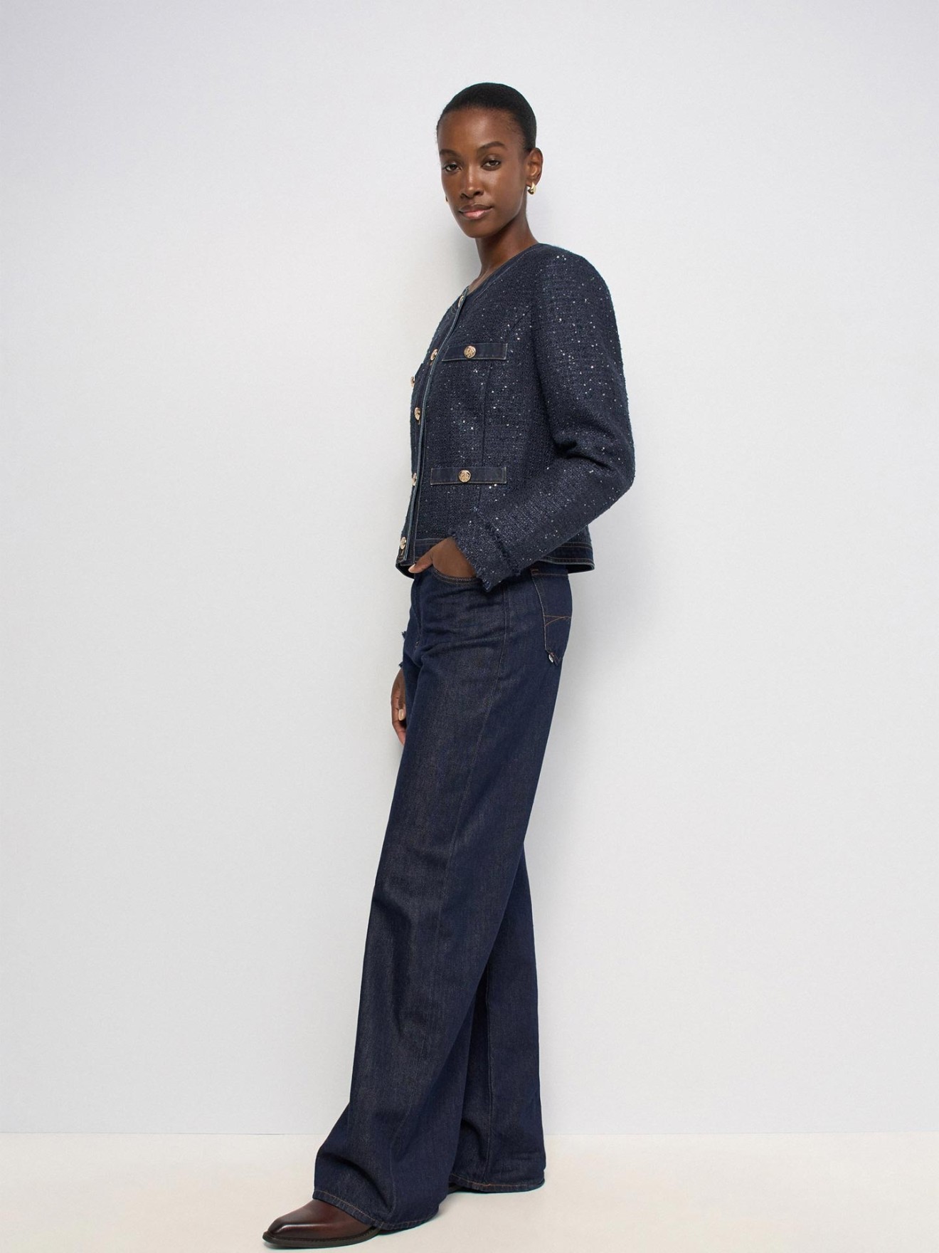 Casaco em Tweed com Detalhes em Denim