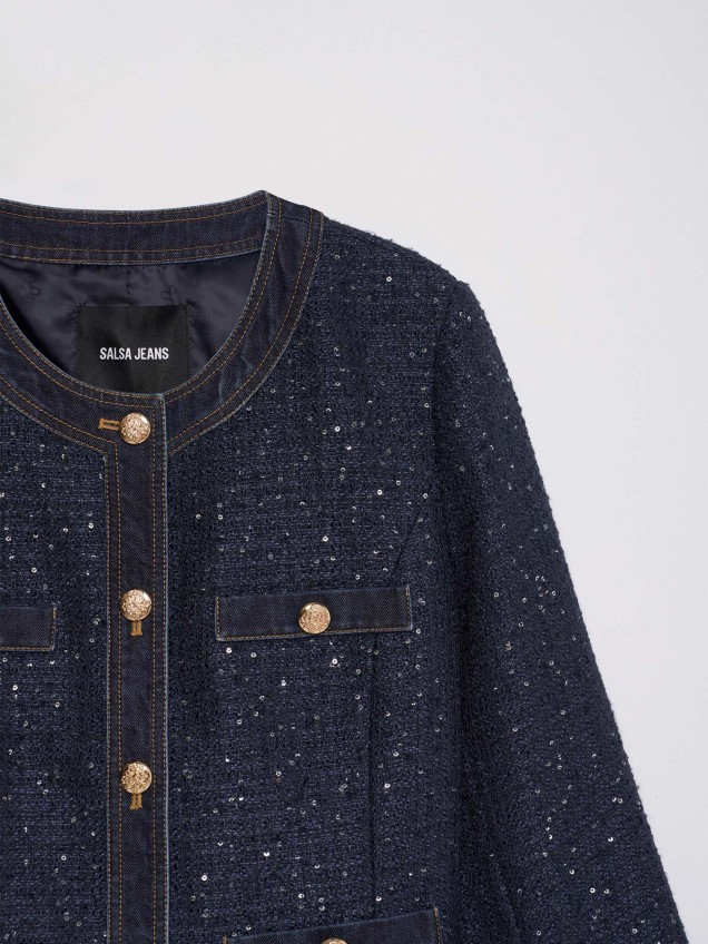 Casaco em Tweed com Detalhes em Denim
