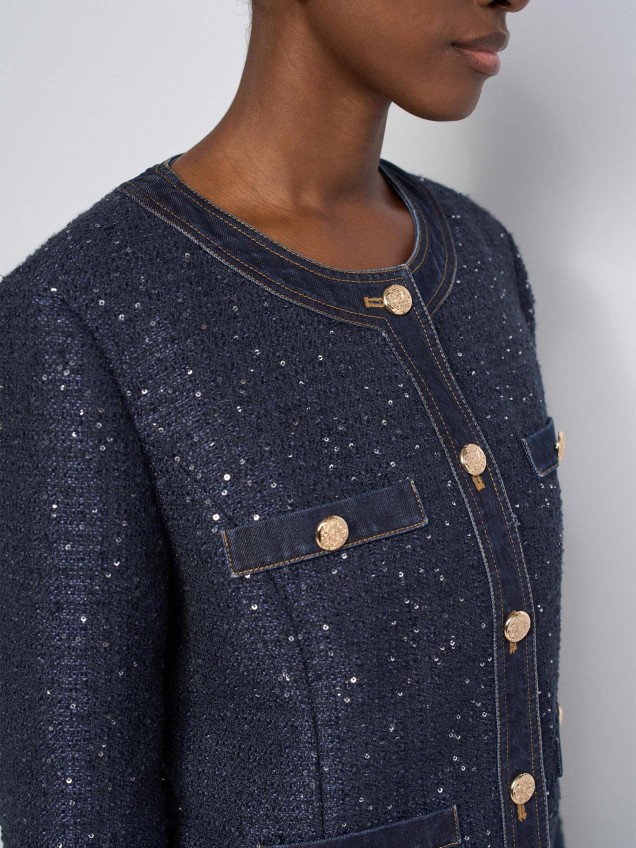 Casaco em Tweed com Detalhes em Denim