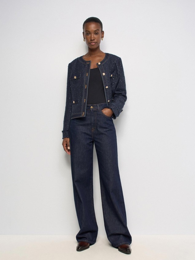 Casaco em Tweed com Detalhes em Denim