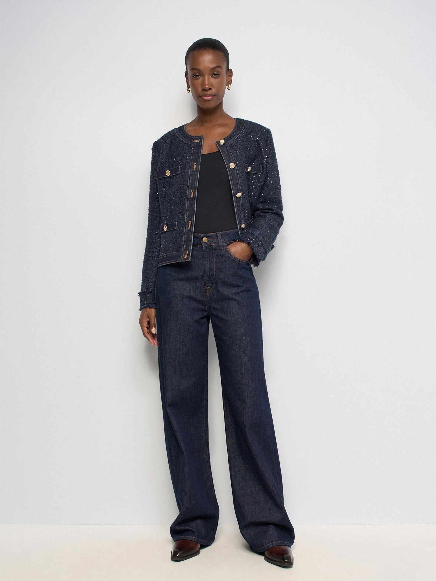 Casaco em Tweed com Detalhes em Denim