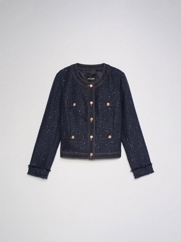 Casaco em Tweed com Detalhes em Denim