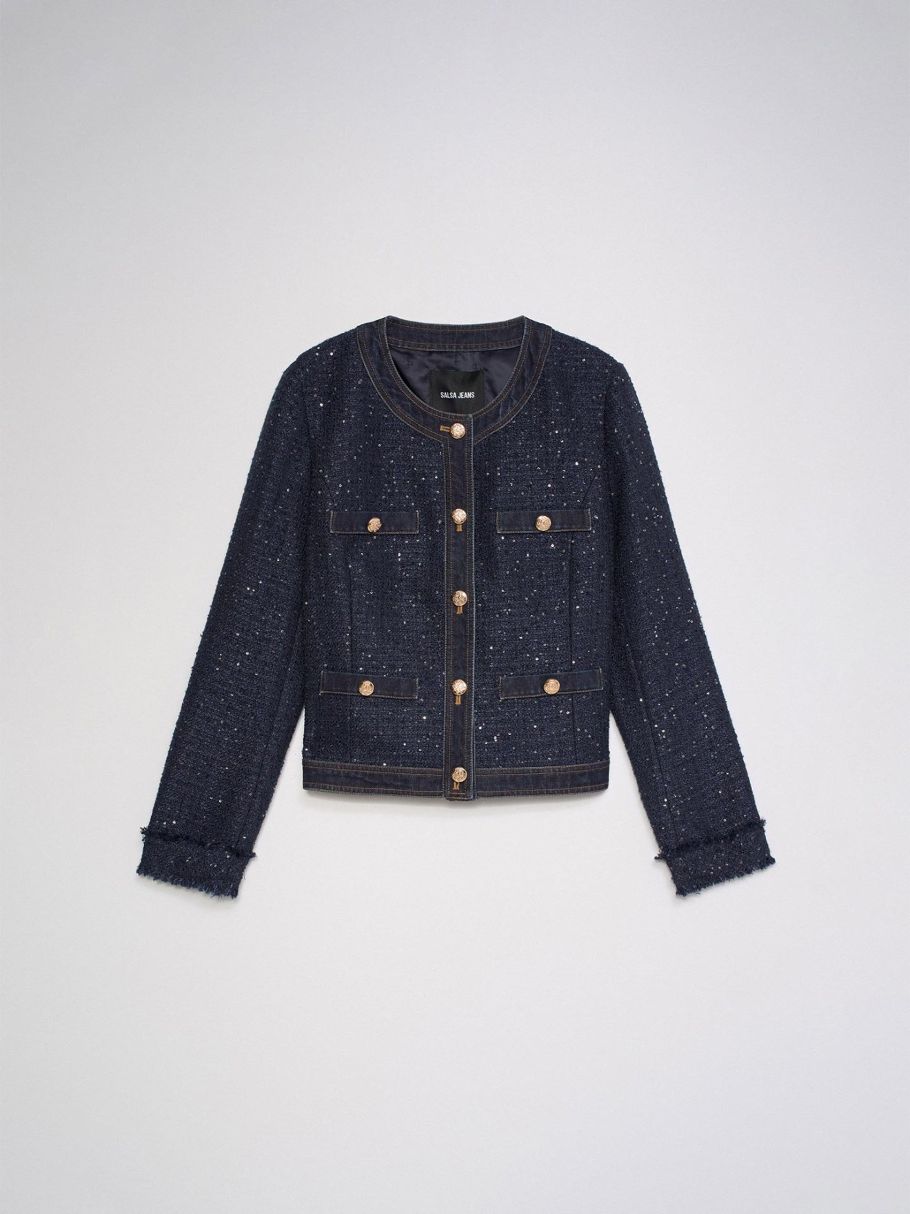 Casaco em Tweed com Detalhes em Denim