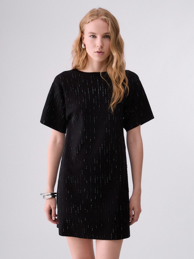 Vestido de Malha com Strass