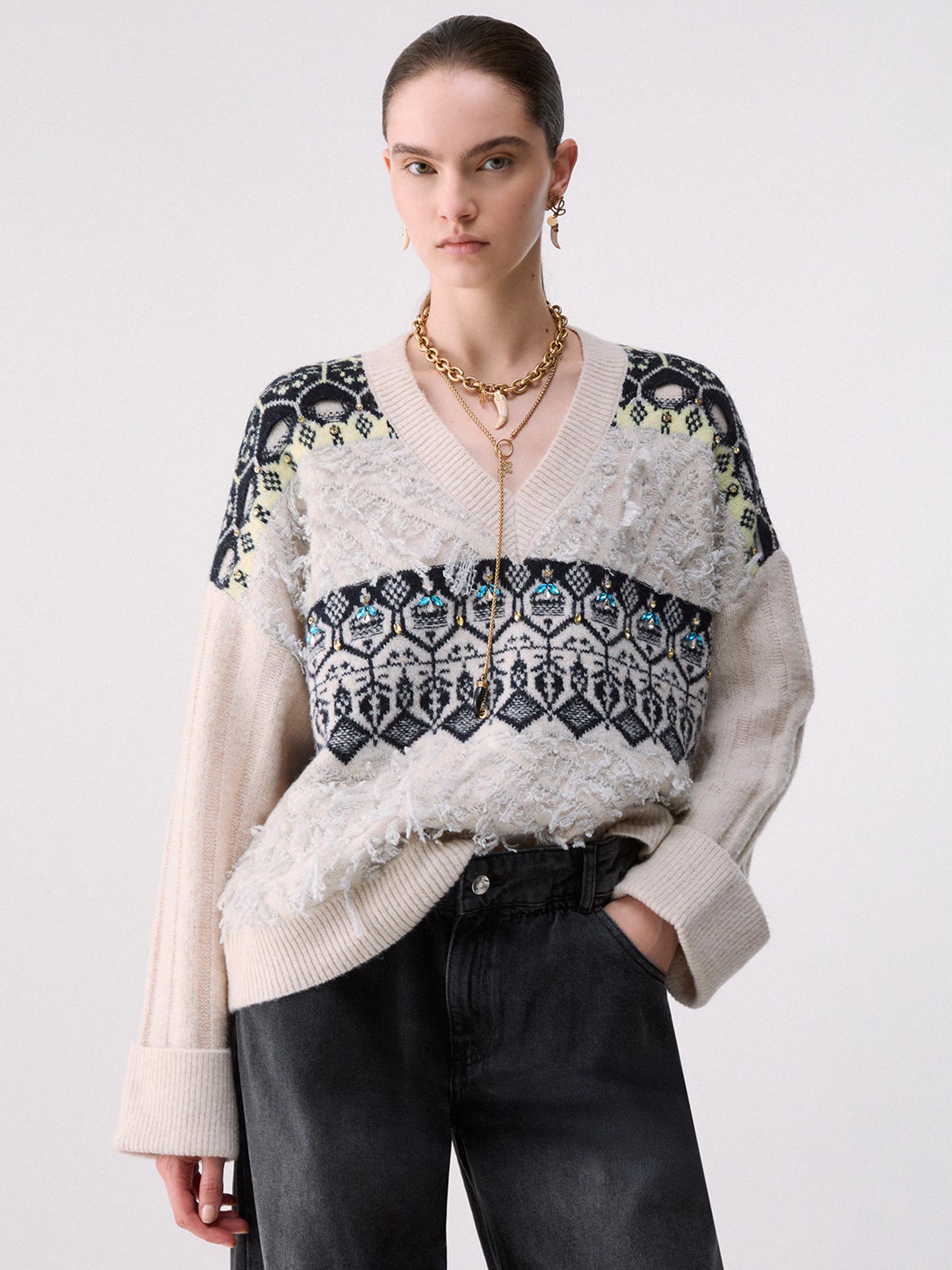 Camisola em Jacquard com Bordado de Pedraria
