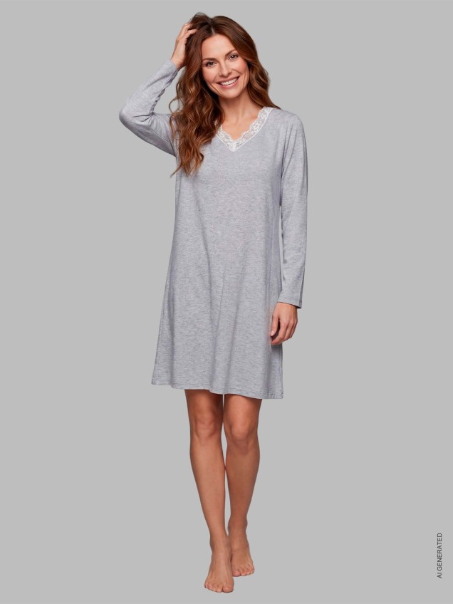 Camisa de Noite com Decote em Bico e Renda