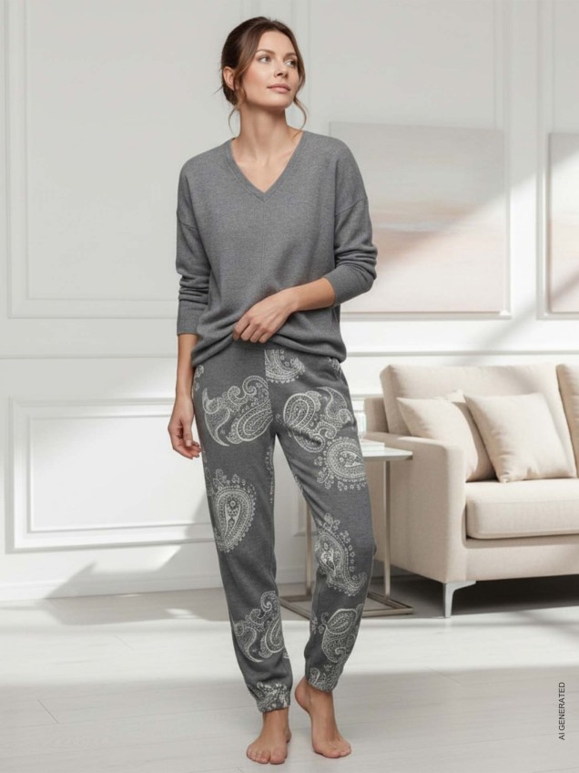 Pijama em Malha Ponto Milano com Padrão Caxemira
