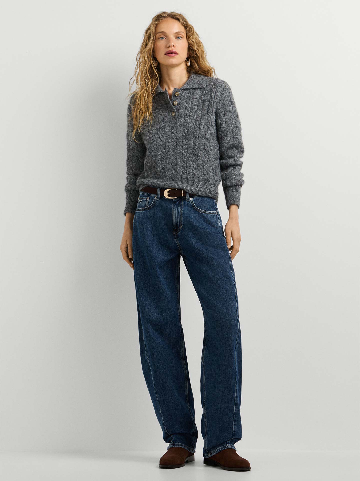 Camisola de Malha Trançada com Gola Polo