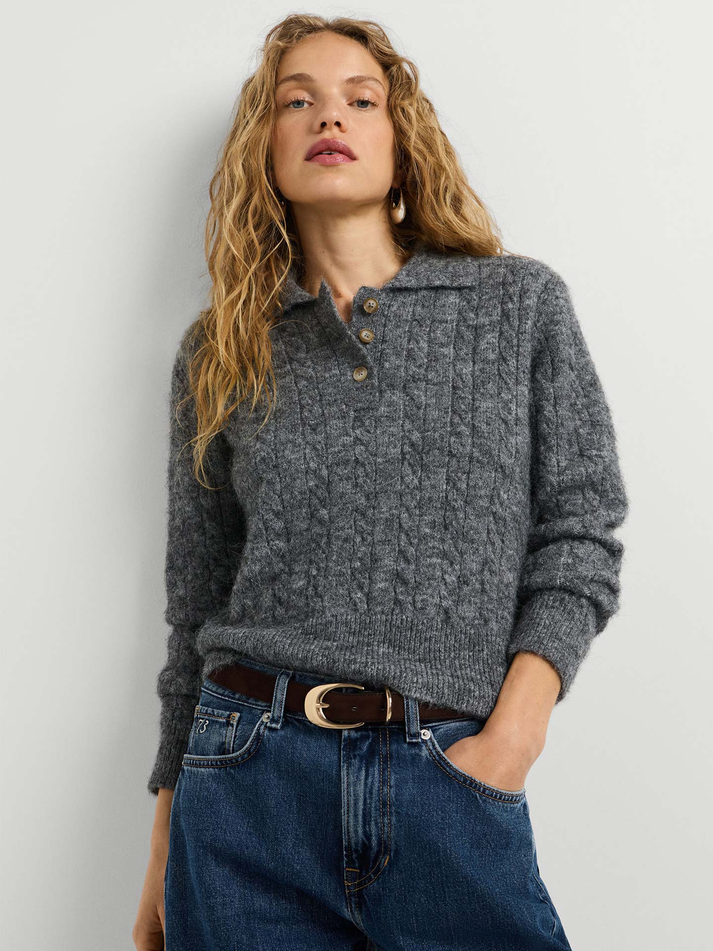 Camisola de Malha Trançada com Gola Polo