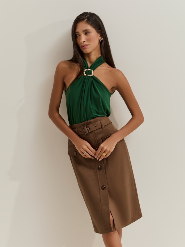 Saia Lápis Midi com Bolsos