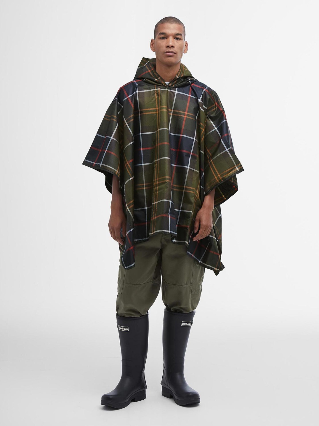 Poncho Impermeável com Capuz e Padrão Tartan