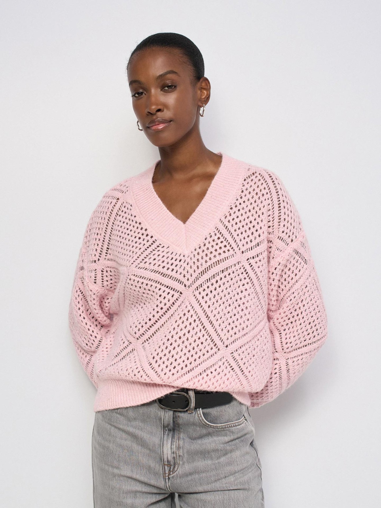 Camisola de Malha com Brilhos e Decote em V