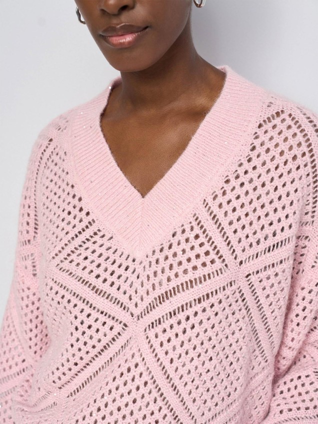 Camisola de Malha com Brilhos e Decote em V