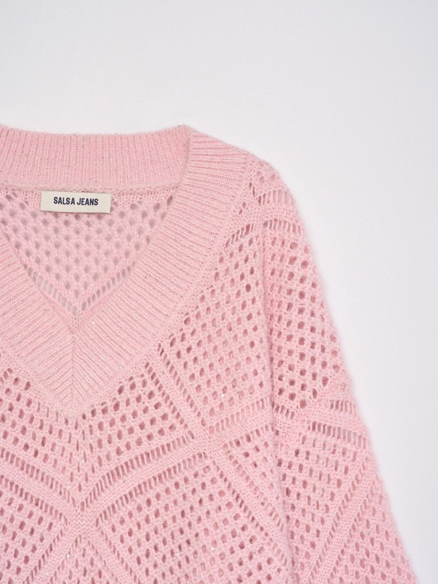 Camisola de Malha com Brilhos e Decote em V