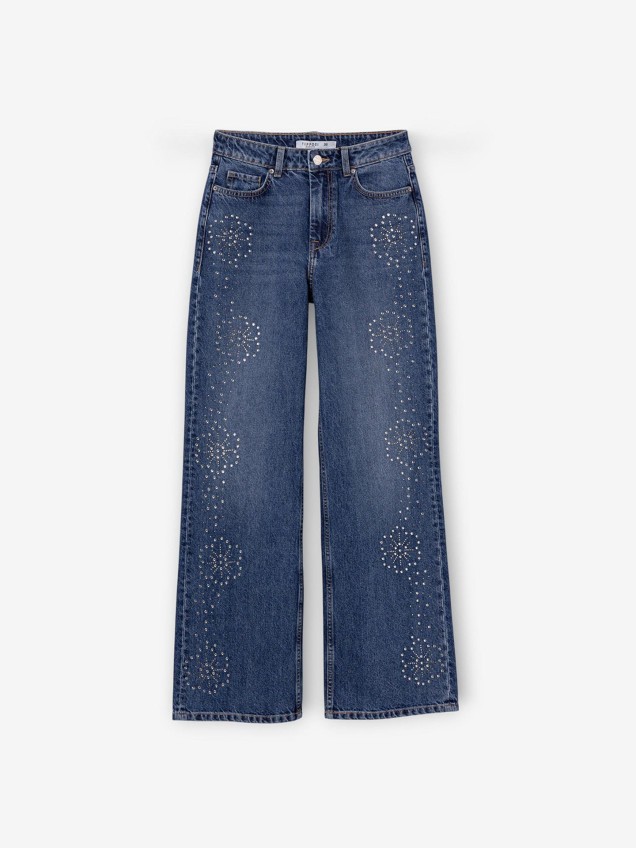 Calças de Ganga Wide Leg com Aplicações