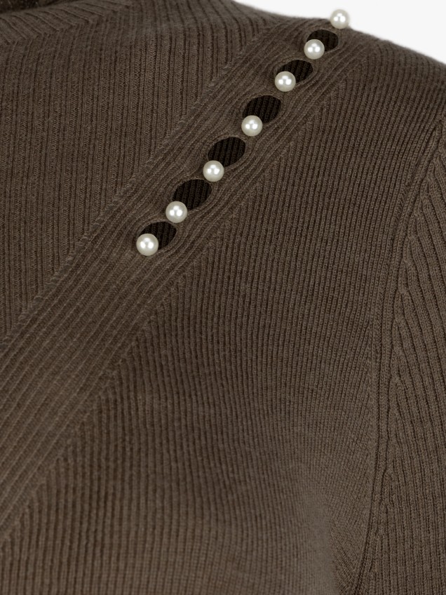 Camisola de Malha Canelada com Gola Subida