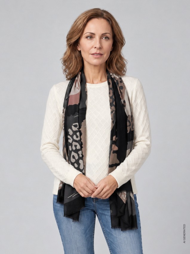 Echarpe Estampada com Franjas
