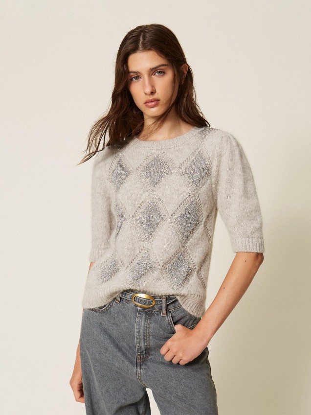 Camisola Jacquard de Losangos com Lantejoulas