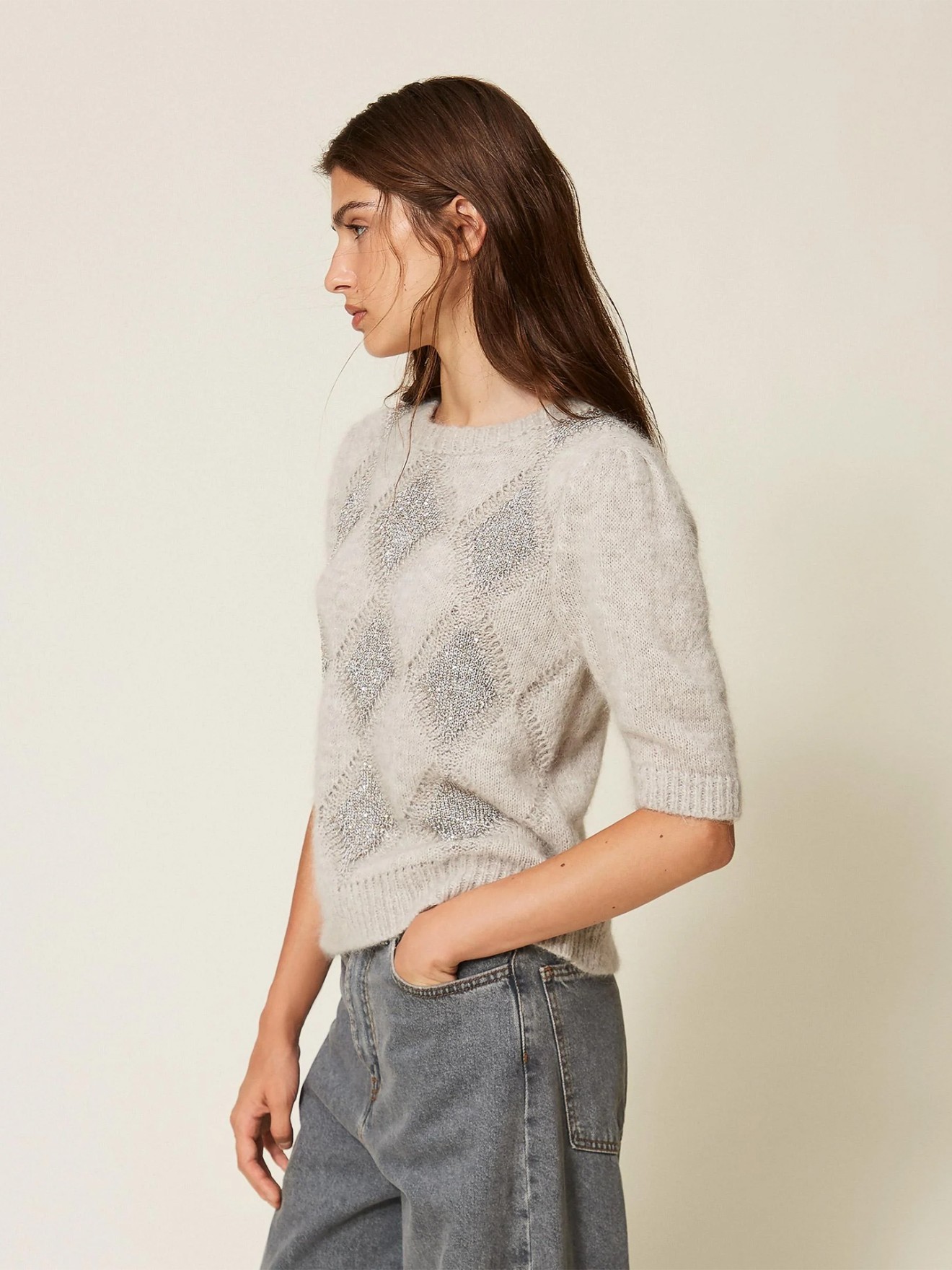 Camisola Jacquard de Losangos com Lantejoulas