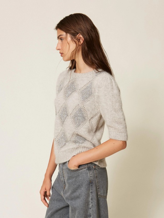 Camisola Jacquard de Losangos com Lantejoulas