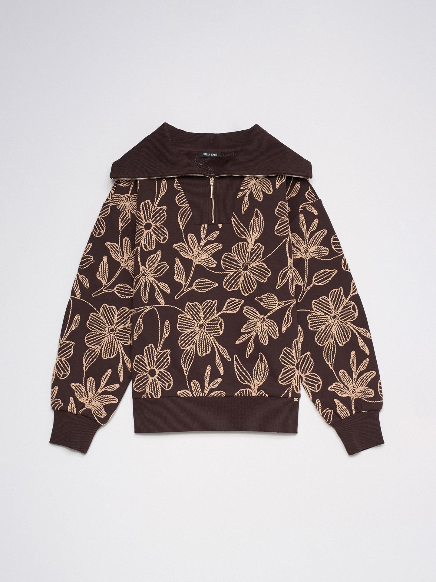 Sweatshirt com Meio Fecho e Bordados Florais
