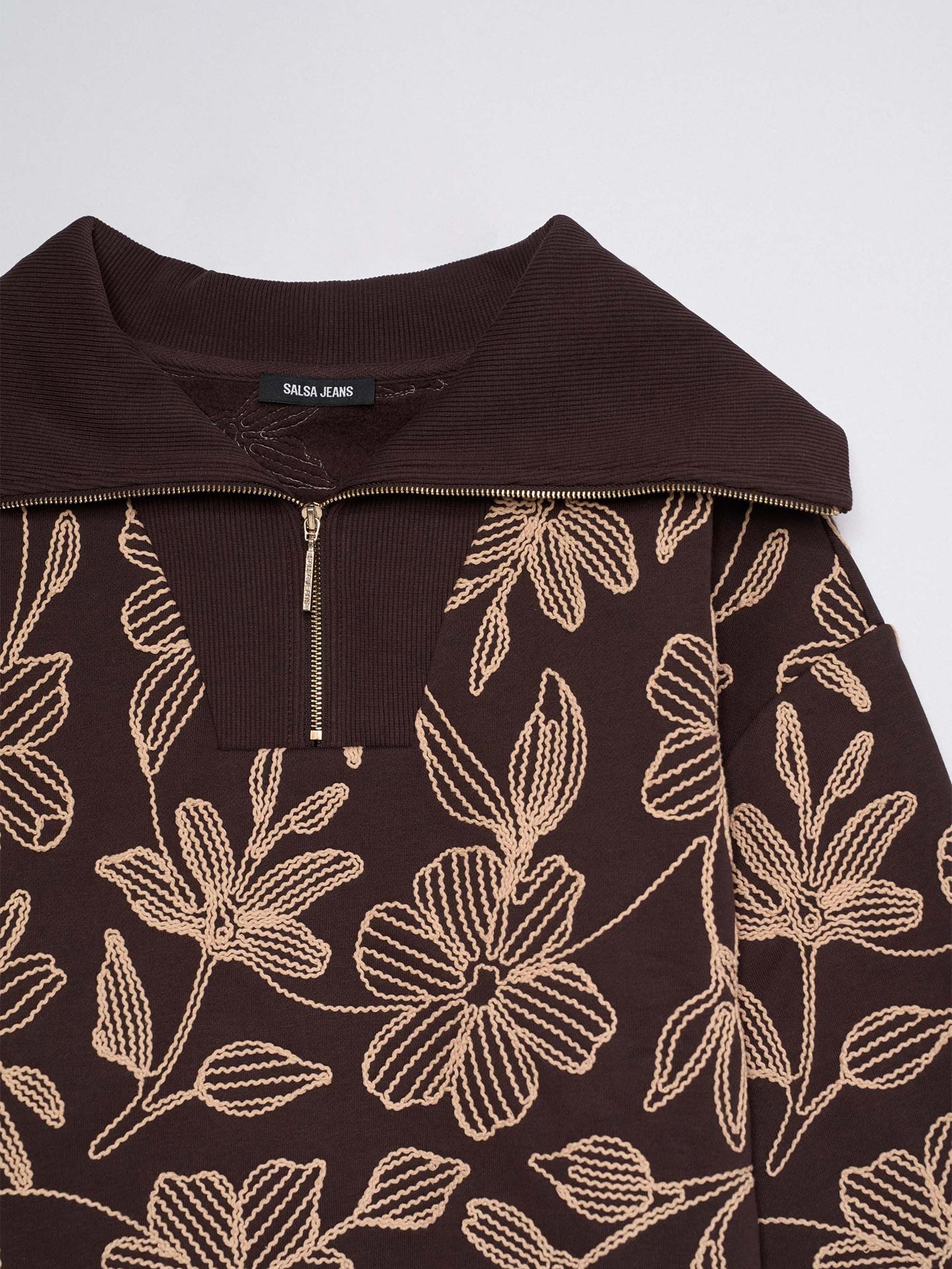 Sweatshirt com Meio Fecho e Bordados Florais