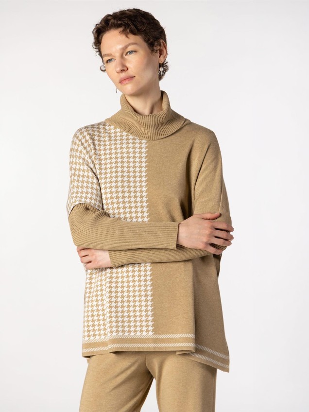 Camisola Capa em Malha Jacquard Pied-de-Poule